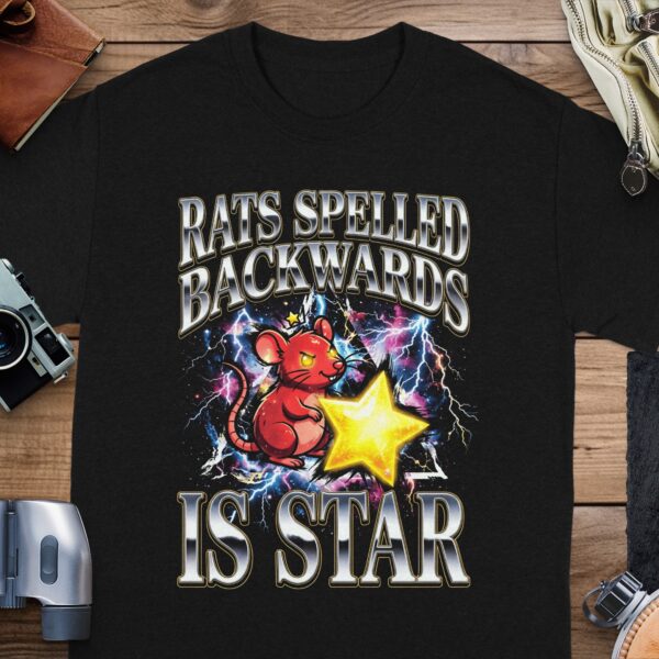 Rats Spelled Backwards Is Star T-Shirt | Quirky Rat Star Graphic Tee | Funny Wordplay Shirt | Cosmic Lightning Print | Retro Aesthetic Gift