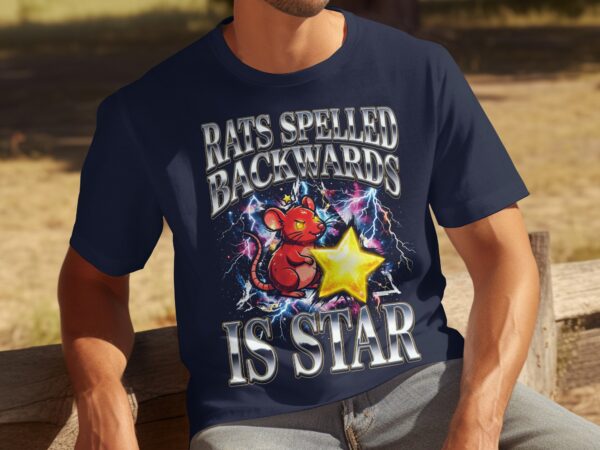 4e40d80d-cfd6-4853-a3bb-6645884d3aa1 Rats Spelled Backwards Is Star T-Shirt | Quirky Rat Star Graphic Tee | Funny Wordplay Shirt | Cosmic Lightning Print | Retro Aesthetic Gift