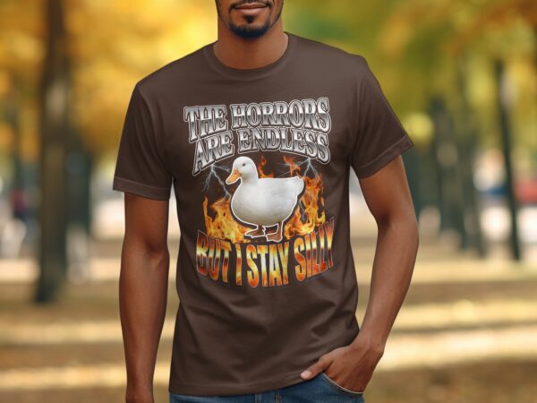 5005089e-0351-4968-87c1-13bd996aab07 Sarcastic Duck Meme T-Shirt, 'The Horrors Are Endless But I Stay Silly' Funny Dark Humor Tee, Chaotic Core Aesthetic Funny Gift Shirt