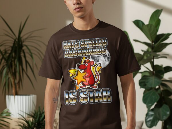 Rats Spelled Backwards Is Star T-Shirt | Funny Rat Lover Gift Tee | Punny Wordplay Animal Graphic Top with Faux Metallic Print & Moon Star