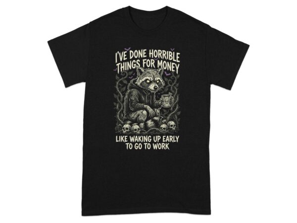 845edc5d-0ffb-4837-a78d-3e82c2fb00bc Sarcastic Raccoon Anti-Work T-Shirt, Funny Coffee Lover Tee, Gothic Skull Bat Design, Morning Hater Gift for Coworker