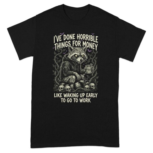 Sarcastic Raccoon Anti-Work T-Shirt, Funny Coffee Lover Tee, Gothic Skull Bat Design, Morning Hater Gift for Coworker