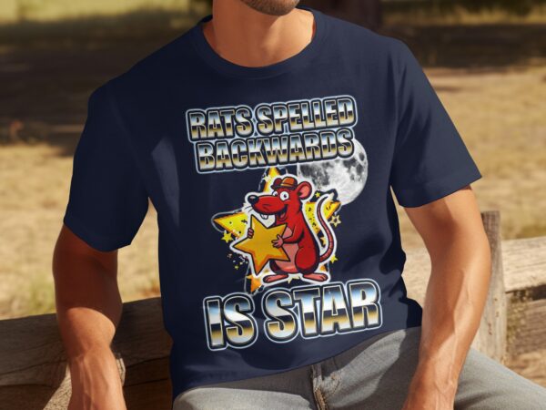Rats Spelled Backwards Is Star T-Shirt | Funny Rat Lover Gift Tee | Punny Wordplay Animal Graphic Top with Faux Metallic Print & Moon Star