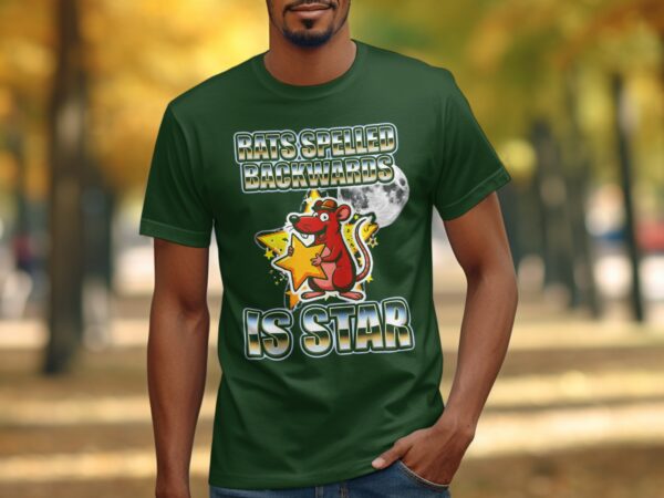 Rats Spelled Backwards Is Star T-Shirt | Funny Rat Lover Gift Tee | Punny Wordplay Animal Graphic Top with Faux Metallic Print & Moon Star