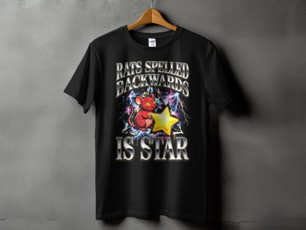 d44475a2-edab-41a8-81d1-804a98359106 Rats Spelled Backwards Is Star T-Shirt | Quirky Rat Star Graphic Tee | Funny Wordplay Shirt | Cosmic Lightning Print | Retro Aesthetic Gift