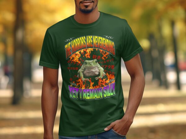 e981ecf6-18a9-4fab-91b2-77b380d05c1c Horrors Are Neverending Yet I Remain Silly Frog T-Shirt, Funny Alt Aesthetic Meme Tee, Y2K Grunge Graphic Shirt, Chaotic Dark Humor Gift